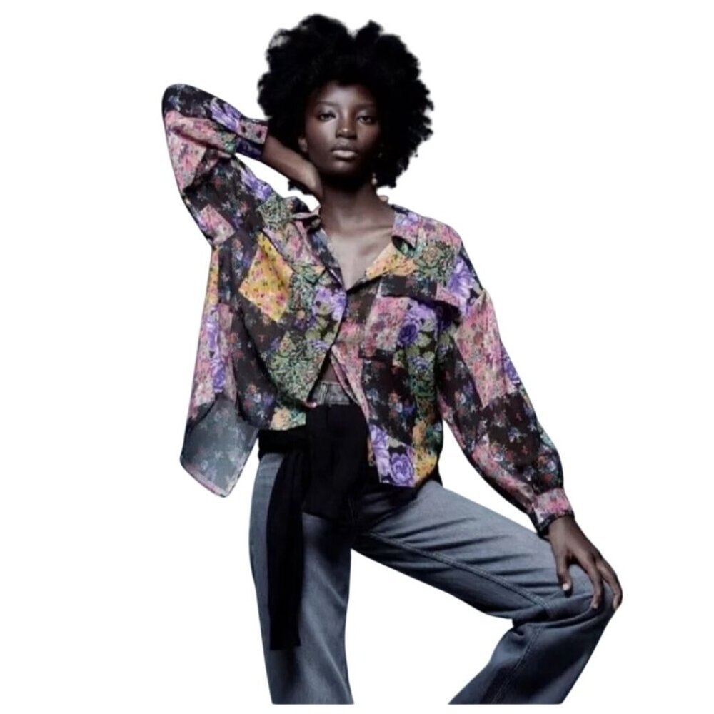 Zara Floral Print The Amelie Shirt‎ Small Patchwork Sheer Flowy Cottage Boho - Picture 2 of 11